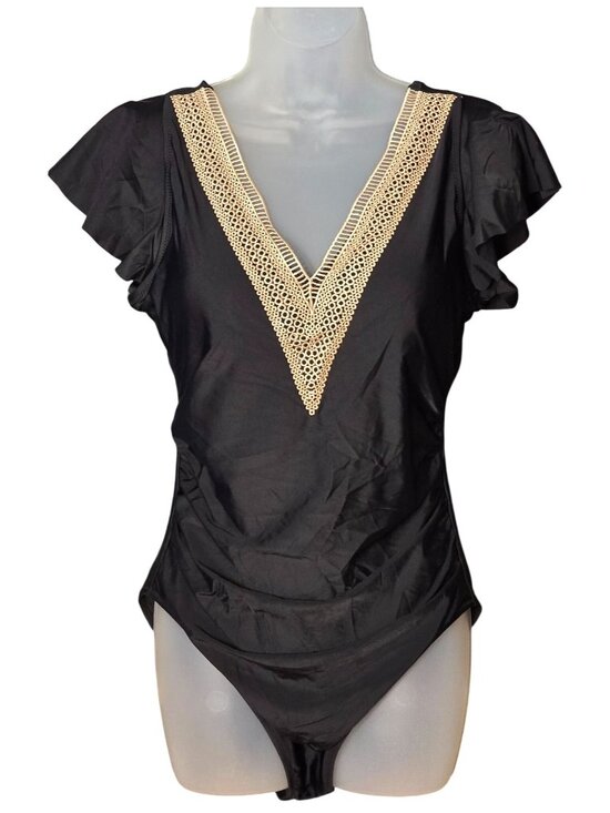 Blooming Jelly Other - Black Flutter Sleeve One‑Piece Swimsuit L Crochet Trim V‑Neck Tummy Control